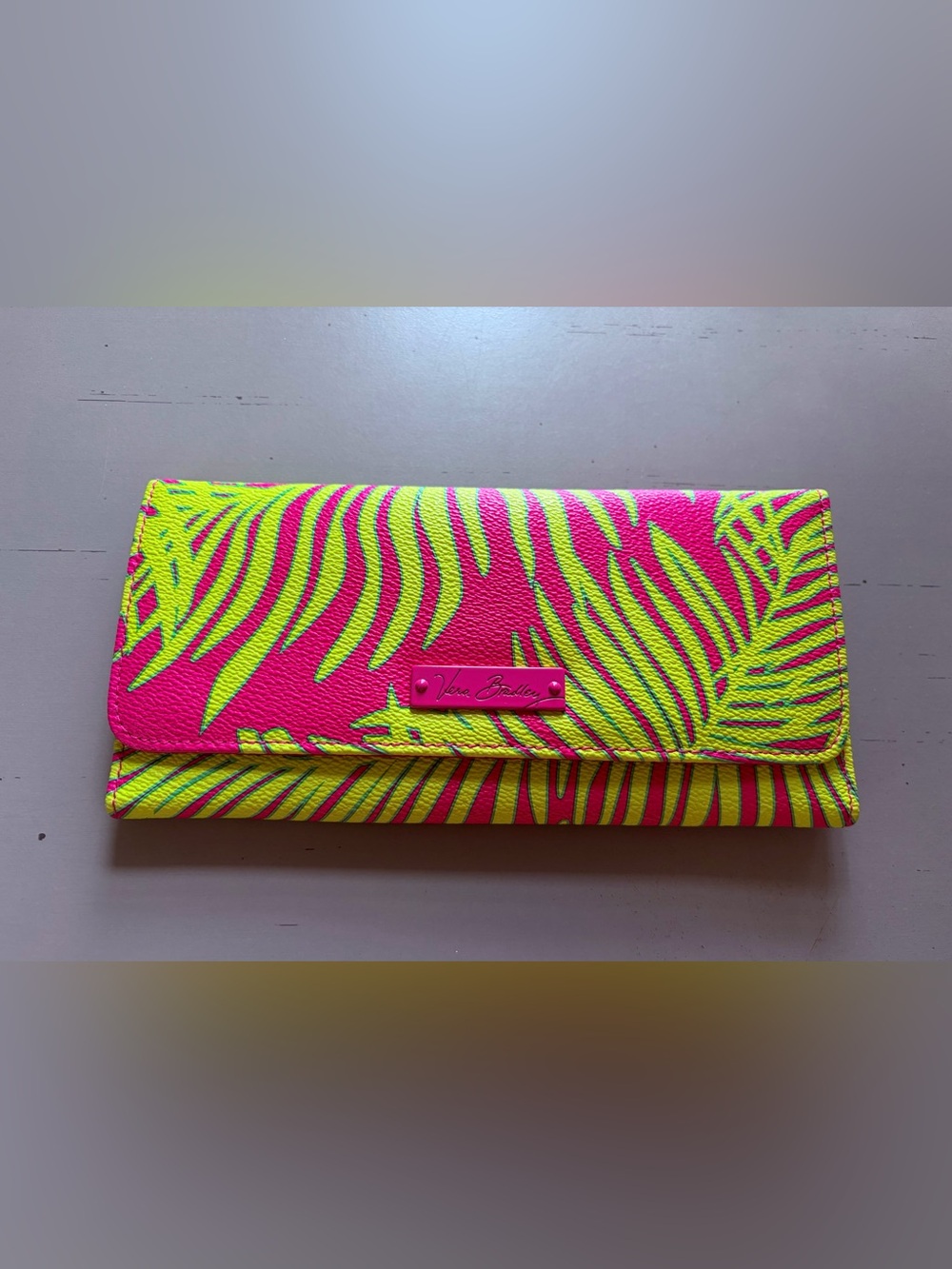 Vera Bradley Leather Pink and Lime Green Palm Print Wallet